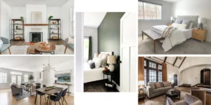 Collage of staged interiors demonstrating modern living rooms and bedrooms ideal for Airbnb listings.
