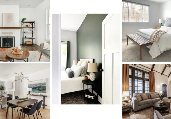 Collage of staged interiors demonstrating modern living rooms and bedrooms ideal for Airbnb listings.