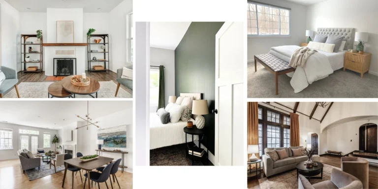 Collage of staged interiors demonstrating modern living rooms and bedrooms ideal for Airbnb listings.
