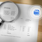 Invoice document under a magnifying glass with an OCR icon representing automated invoice data extraction.