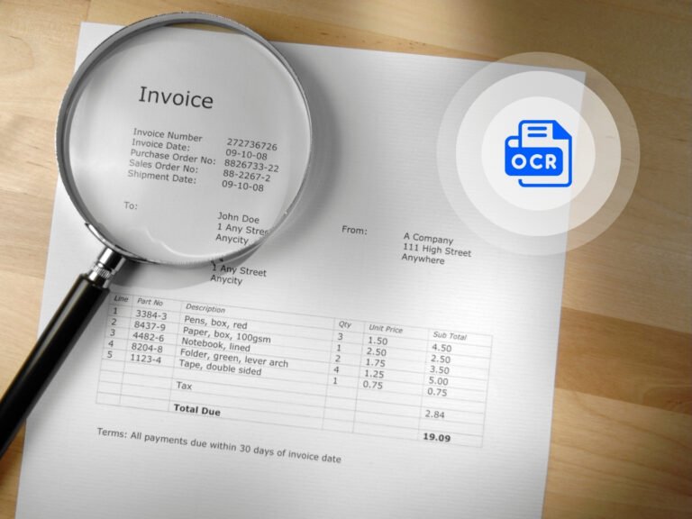 Invoice document under a magnifying glass with an OCR icon representing automated invoice data extraction.