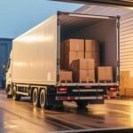 Box truck parked at a warehouse loading area with pallets of cardboard boxes ready for transport.