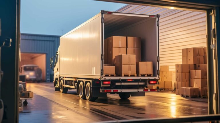 Box truck parked at a warehouse loading area with pallets of cardboard boxes ready for transport.