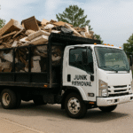 White junk removal truck loaded with construction debris parked in a neighborhood as part of a junk removal business.