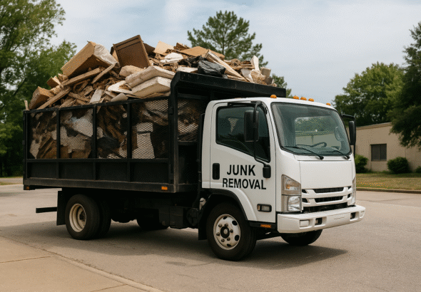 White junk removal truck loaded with construction debris parked in a neighborhood as part of a junk removal business.
