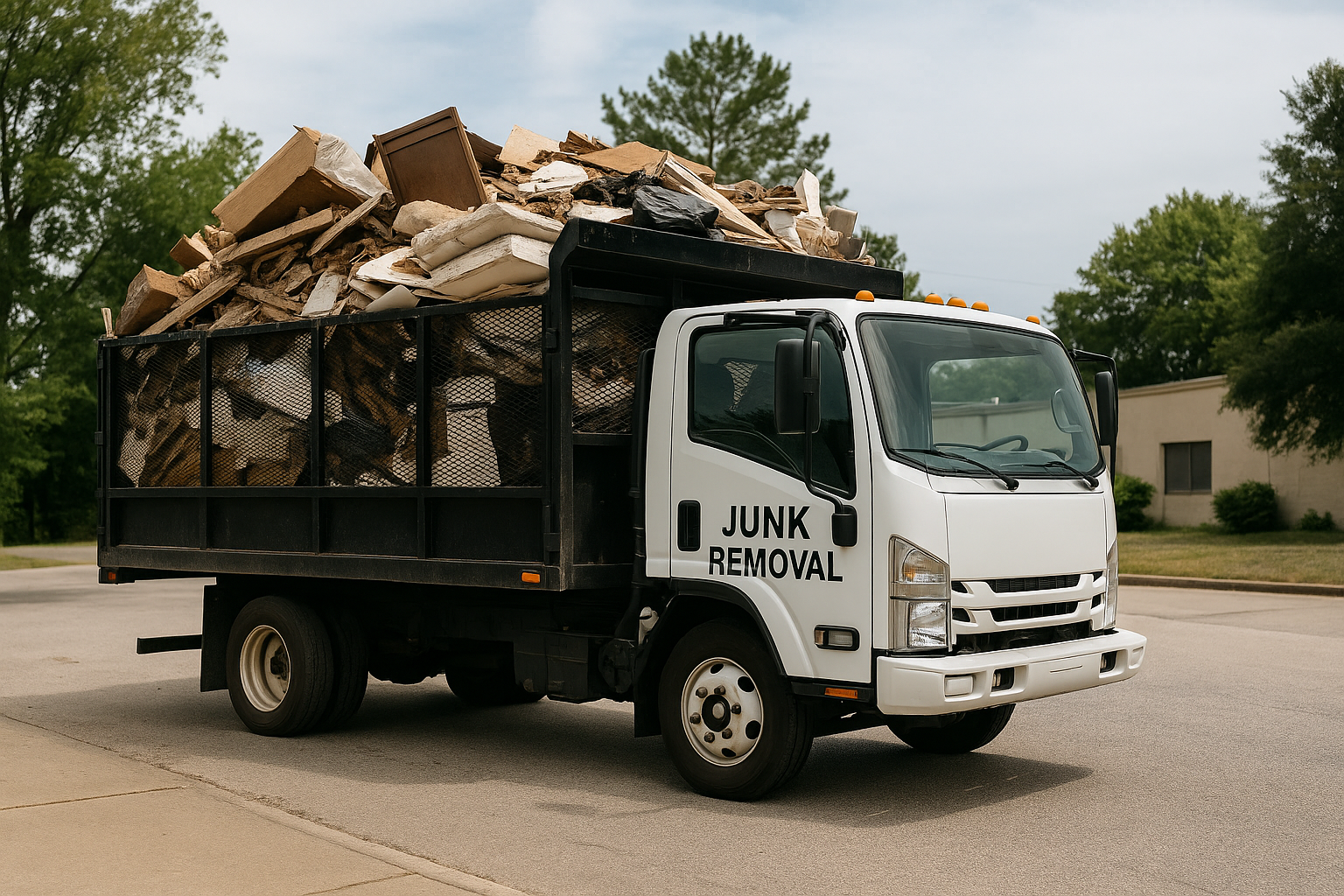 White junk removal truck loaded with construction debris parked in a neighborhood as part of a junk removal business.