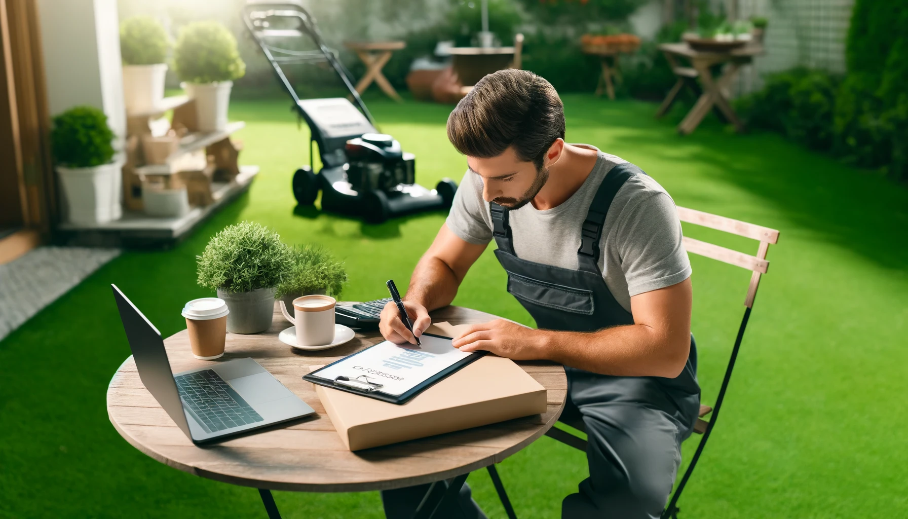 A lawn care business owner sits at an outdoor table writing a business plan on a clipboard, with a laptop, coffee, and lawn care equipment visible in the background.