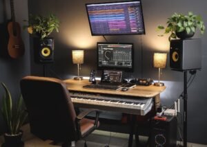 Home music production studio with monitors, keyboard controller, speakers, and beat-making software displayed on multiple screens.
