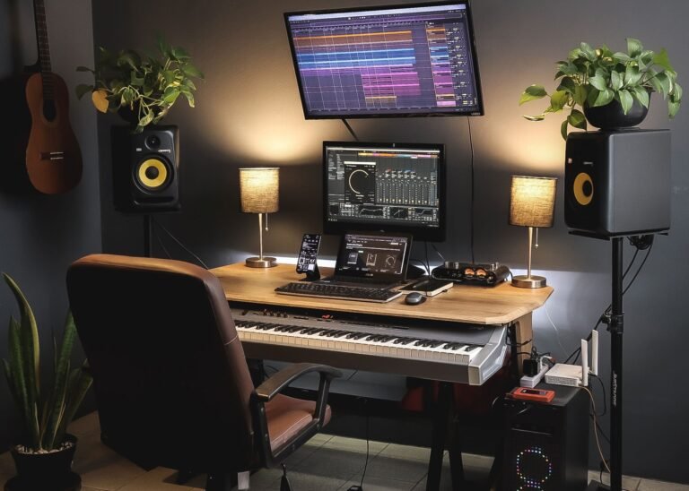 Home music production studio with monitors, keyboard controller, speakers, and beat-making software displayed on multiple screens.