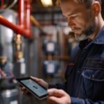 Plumber inspecting a plumbing system while using a tablet to review job details or estimates.