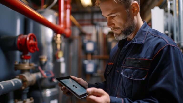 Plumber inspecting a plumbing system while using a tablet to review job details or estimates.