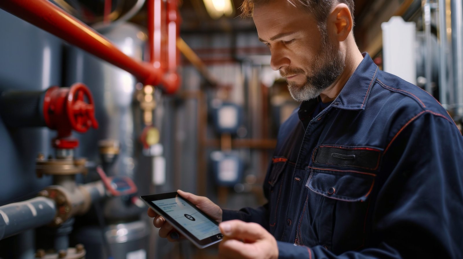 Plumber inspecting a plumbing system while using a tablet to review job details or estimates.