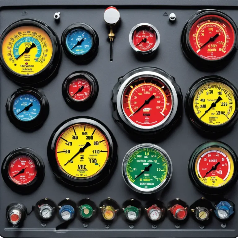 A collection of colorful HVAC gauges and pressure dials mounted on a panel, used for monitoring and diagnosing heating and air conditioning systems.