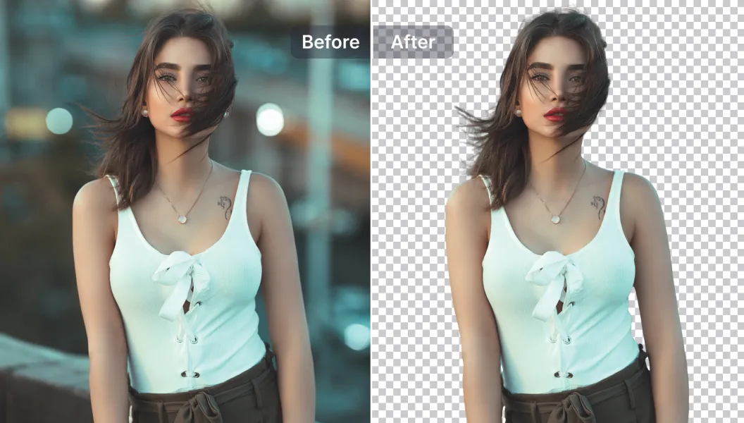 Before-and-after example of background removal, showing a woman clipped from her original photo onto a transparent background.
